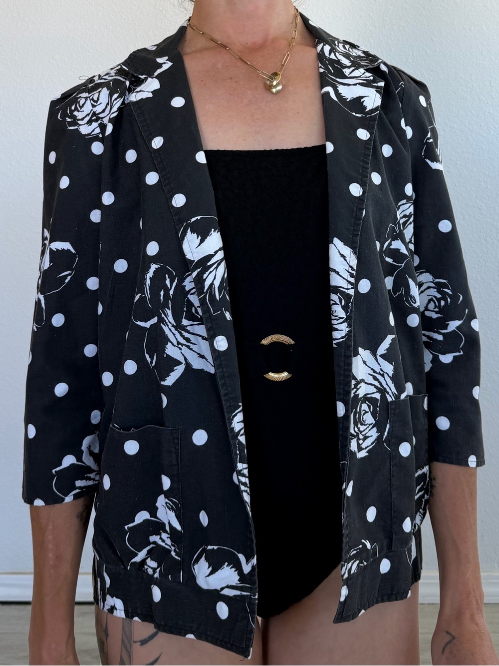 Vintage Yours A.S.A.P. California Black & White Polka Dot Floral Blazer Jacket